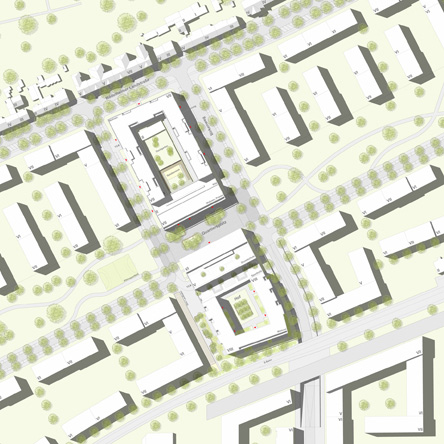 Neubau zweier nutzungsgemischter Gebaeudekomplexe sowie staedtebauliche Ideen fuer einen Quartiersplatz